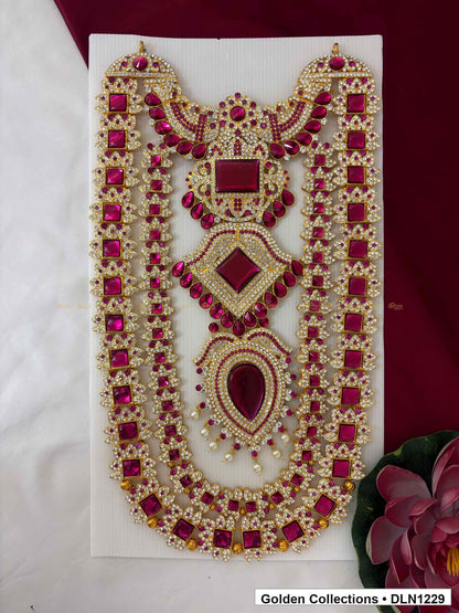 Pink Square Diamond Teardrop Cascade Deity Long Necklace for Idol Alankaram full product view for deity idol alankaram