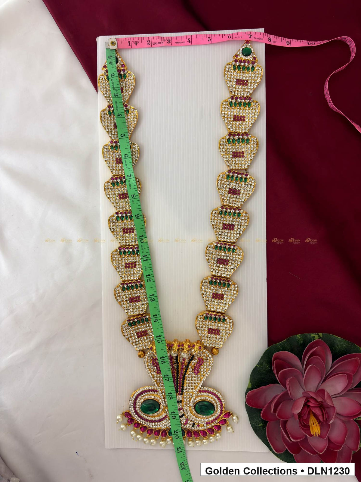 Alternate product view of Green and Pink Repeating Fan Link Deity Long Necklace for Idol Alankaram for deity idol alankaram