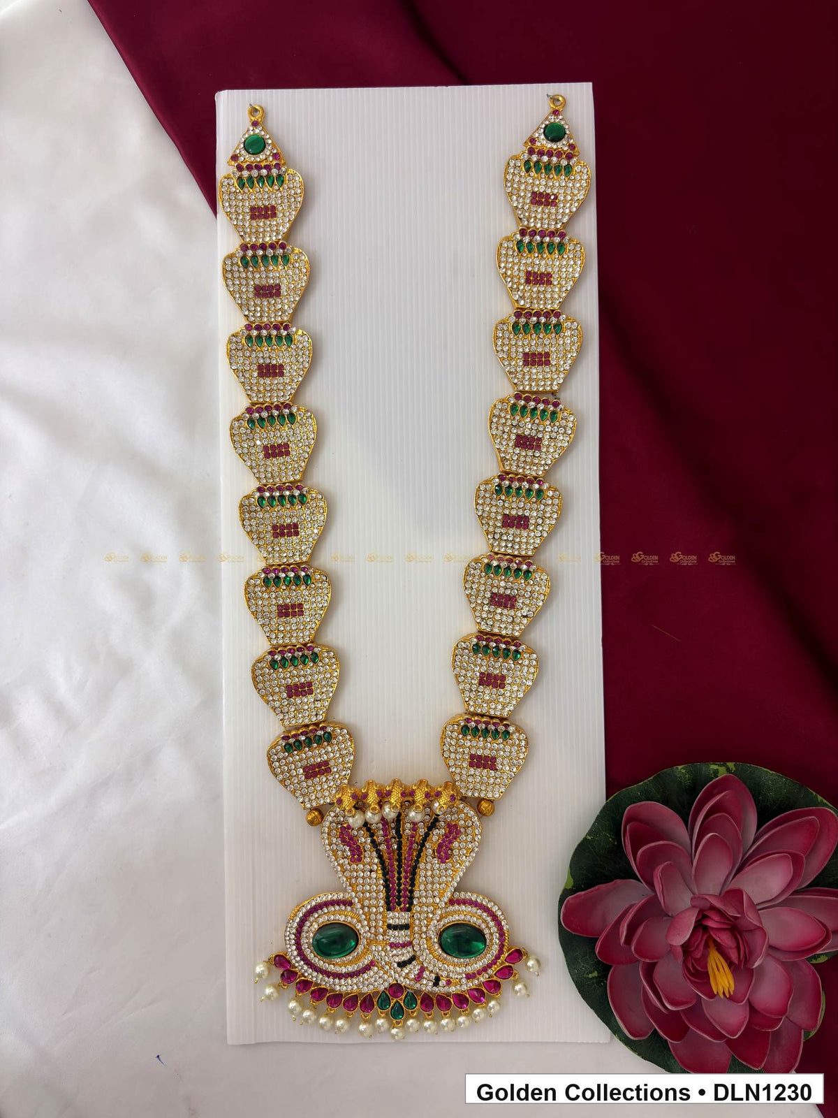 Green and Pink Repeating Fan Link Deity Long Necklace for Idol Alankaram full product view for deity idol alankaram