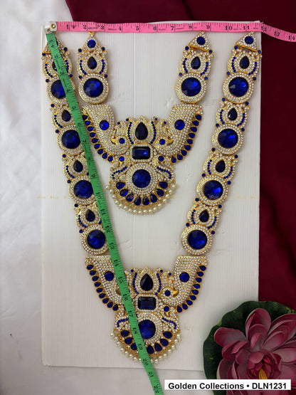 Alternate product view of Blue Oval Cluster Layered Medallion Deity Long Necklace for Idol Alankaram for deity idol alankaram
