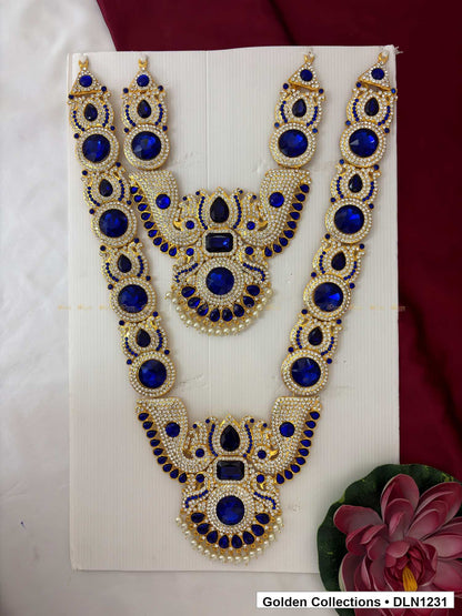 Blue Oval Cluster Layered Medallion Deity Long Necklace for Idol Alankaram full product view for deity idol alankaram