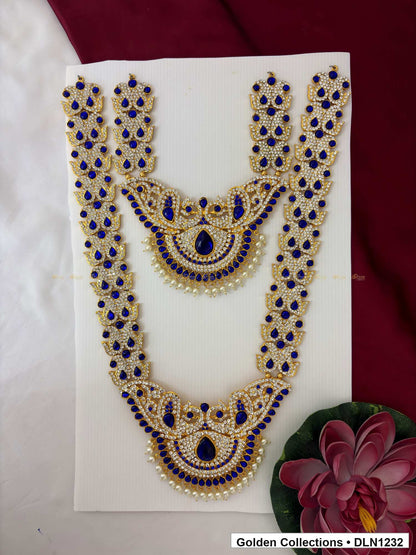 Blue Double-Crescent Cascade Deity Long Necklace for Idol Alankaram full product view for deity idol alankaram