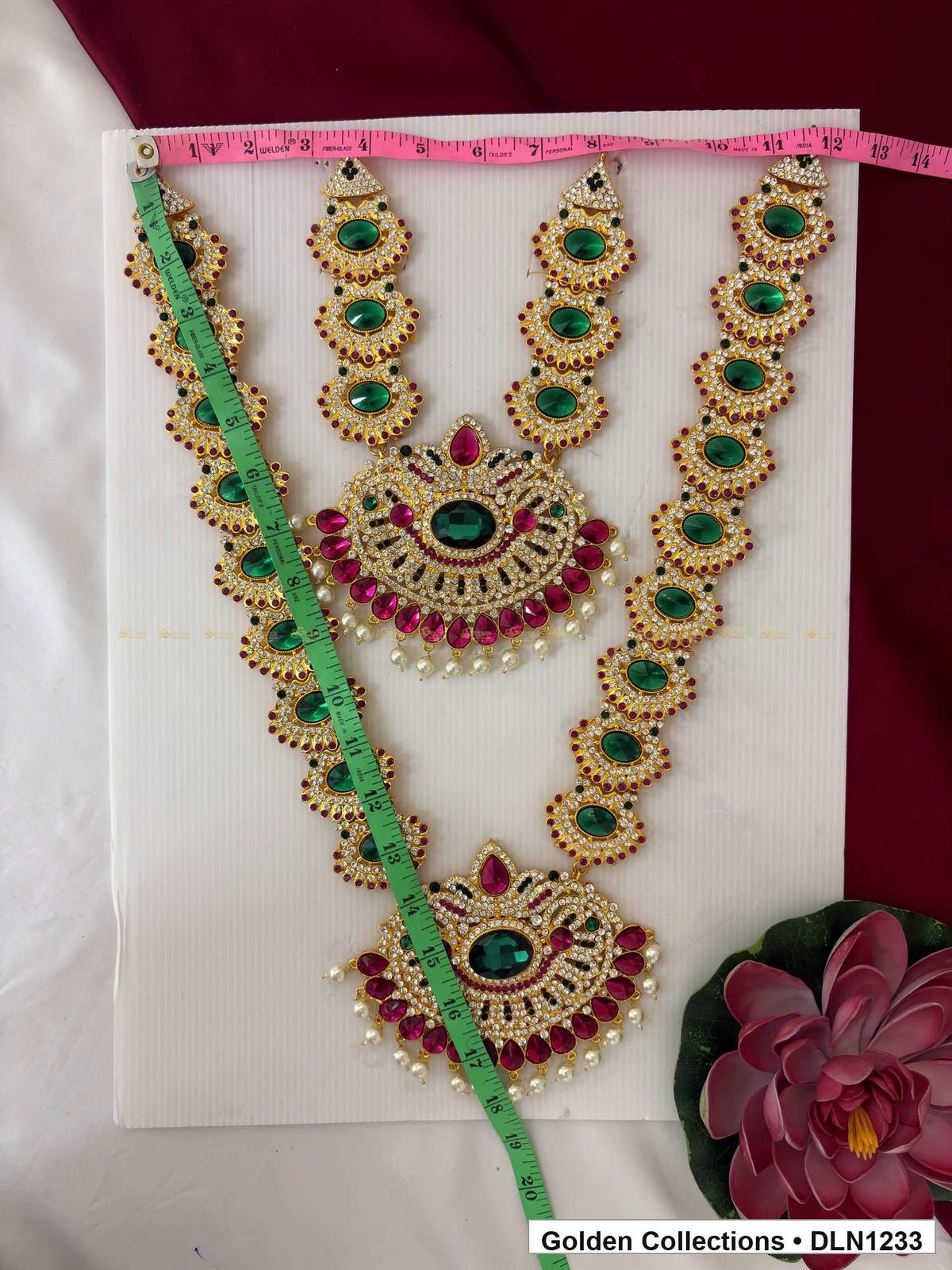 Alternate product view of Green Oval Halo and Magenta Fan Deity Long Necklace for Idol Alankaram for deity idol alankaram