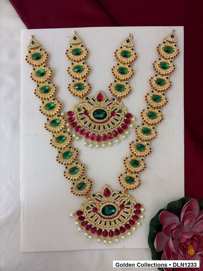 Green Oval Halo and Magenta Fan Deity Long Necklace for Idol Alankaram full product view for deity idol alankaram