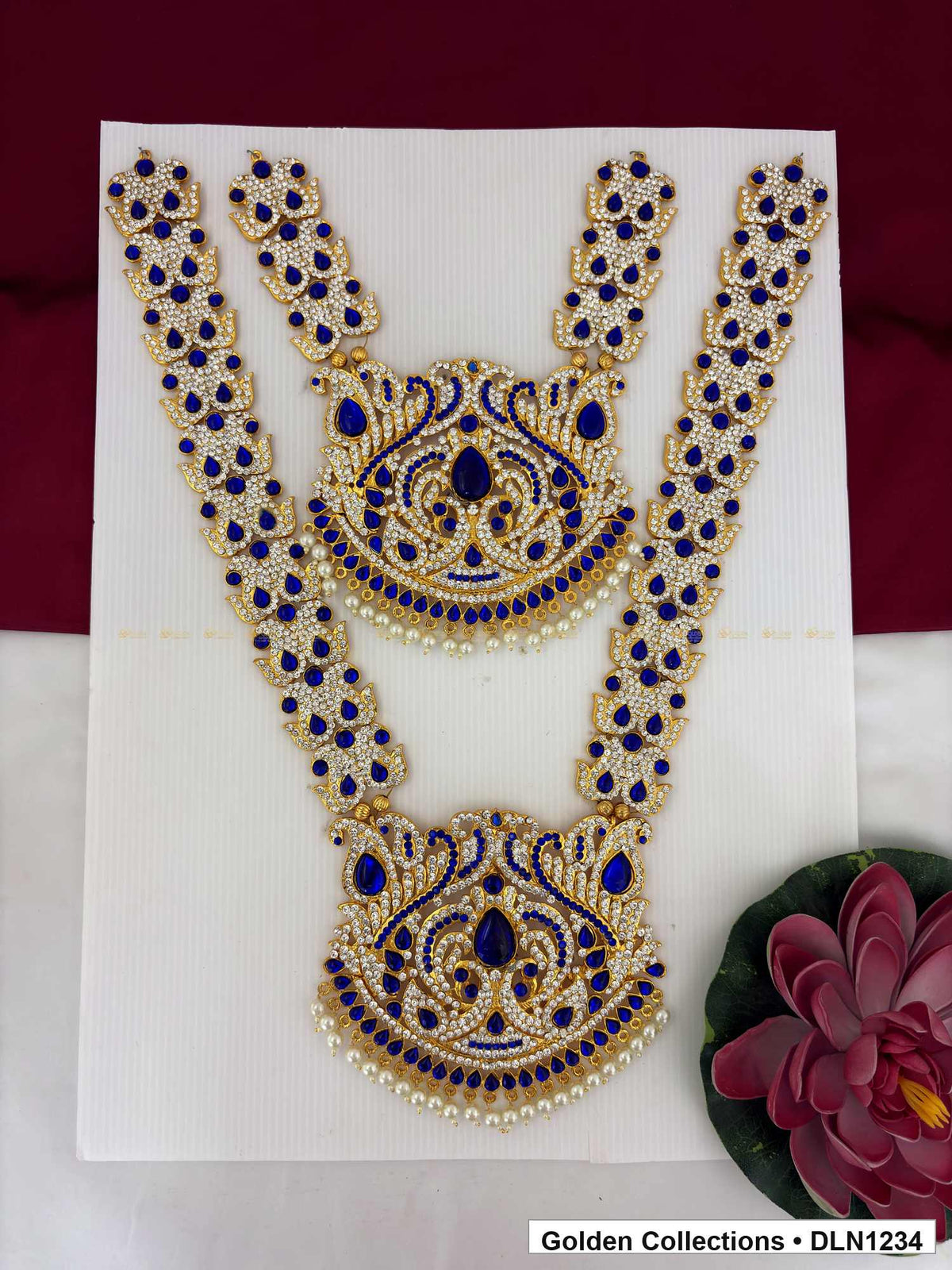 Blue Teardrop and Oval Medallion Deity Long Necklace for Idol Alankaram full product view for deity idol alankaram