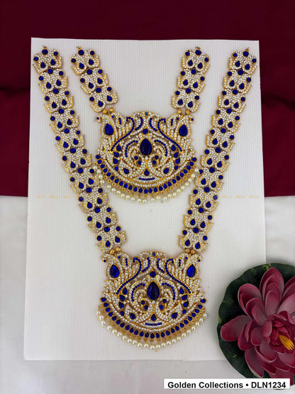 Blue Teardrop and Oval Medallion Deity Long Necklace for Idol Alankaram full product view for deity idol alankaram