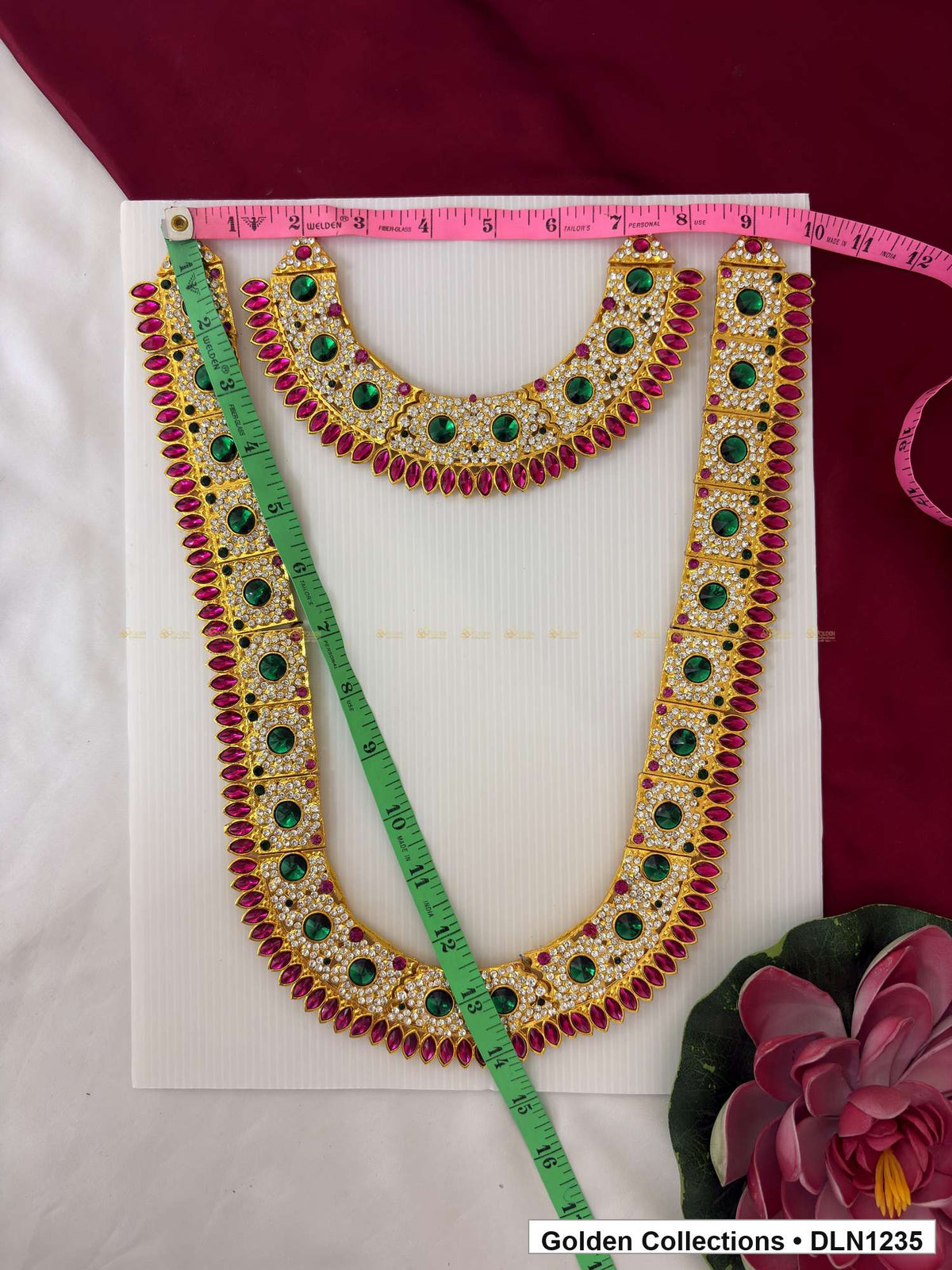 Alternate product view of Green Rosette Chain with Magenta Drop Fringe Deity Long Necklace for Idol Alankaram for deity idol alankaram