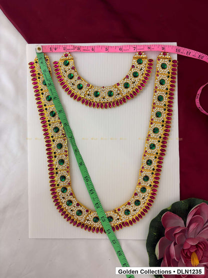 Alternate product view of Green Rosette Chain with Magenta Drop Fringe Deity Long Necklace for Idol Alankaram for deity idol alankaram