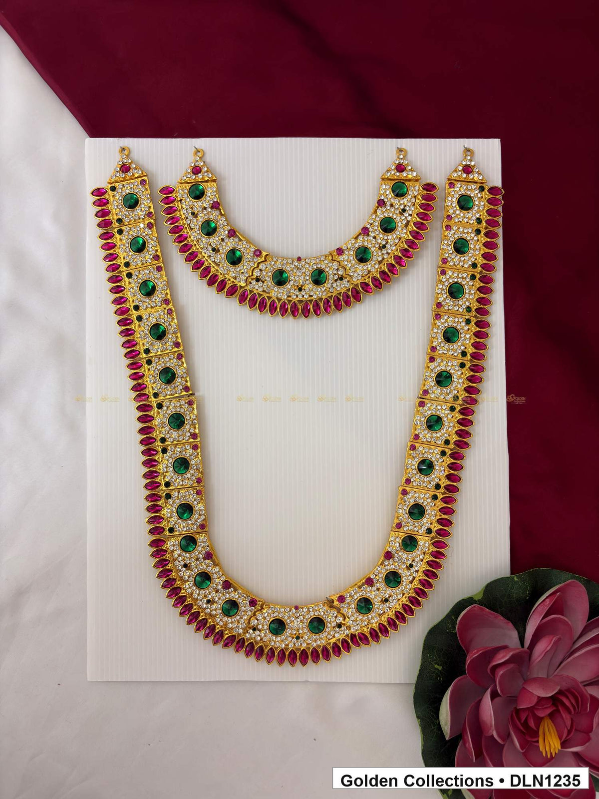 Green Rosette Chain with Magenta Drop Fringe Deity Long Necklace for Idol Alankaram full product view for deity idol alankaram