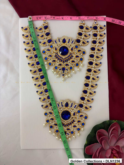 Alternate product view of Blue Oval Link and Fan Pendant Deity Long Necklace for Idol Alankaram for deity idol alankaram