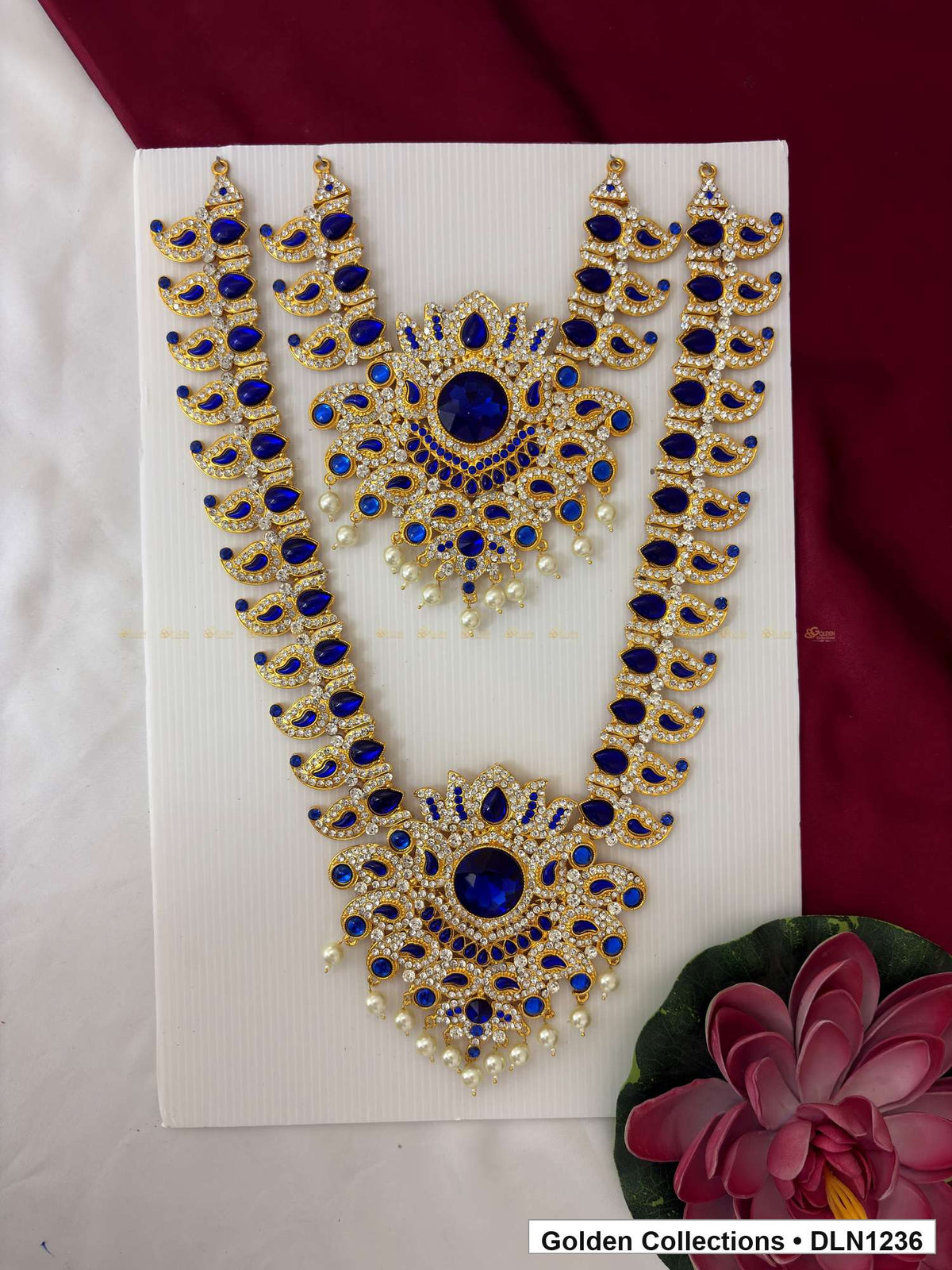 Blue Oval Link and Fan Pendant Deity Long Necklace for Idol Alankaram full product view for deity idol alankaram