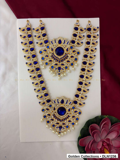 Blue Oval Link and Fan Pendant Deity Long Necklace for Idol Alankaram full product view for deity idol alankaram