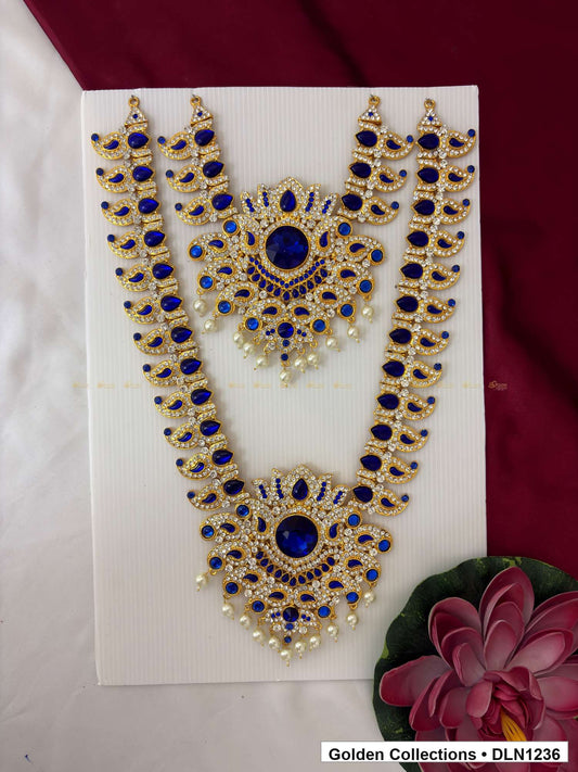 Blue Oval Link and Fan Pendant Deity Long Necklace for Idol Alankaram full product view for deity idol alankaram