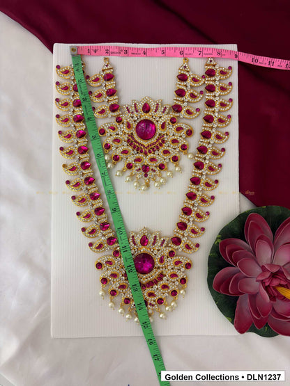 Alternate product view of Magenta Teardrop Rosette Cascade Deity Long Necklace for Idol Alankaram for deity idol alankaram