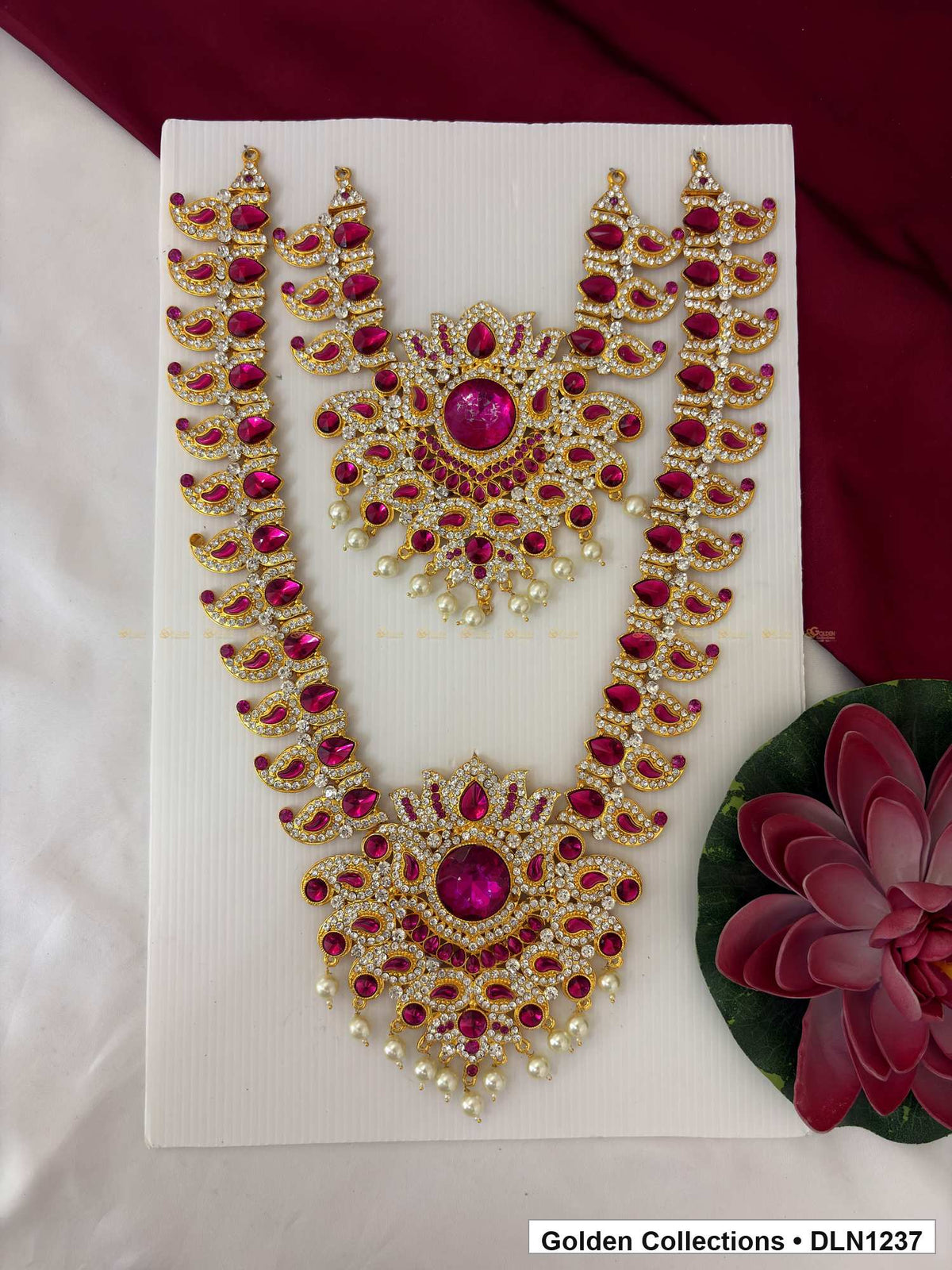 Magenta Teardrop Rosette Cascade Deity Long Necklace for Idol Alankaram full product view for deity idol alankaram