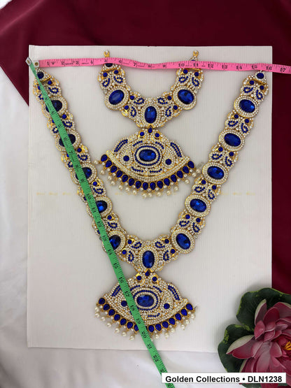 Alternate product view of Blue Oval Link with Triple Fan Pendants Deity Long Necklace for Idol Alankaram for deity idol alankaram