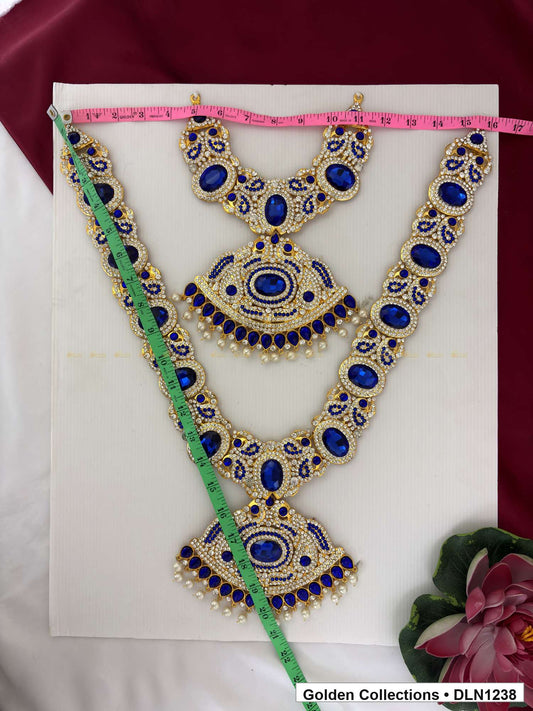Alternate product view of Blue Oval Link with Triple Fan Pendants Deity Long Necklace for Idol Alankaram for deity idol alankaram