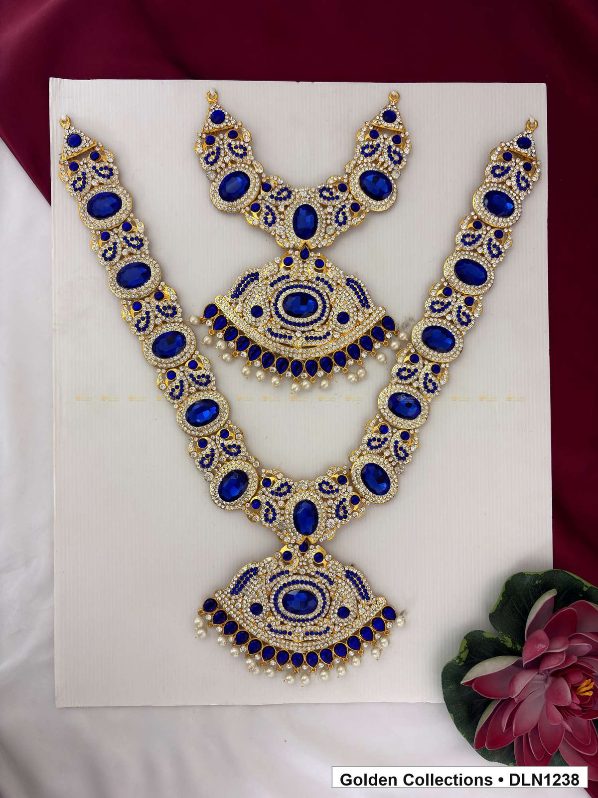 Blue Oval Link with Triple Fan Pendants Deity Long Necklace for Idol Alankaram full product view for deity idol alankaram