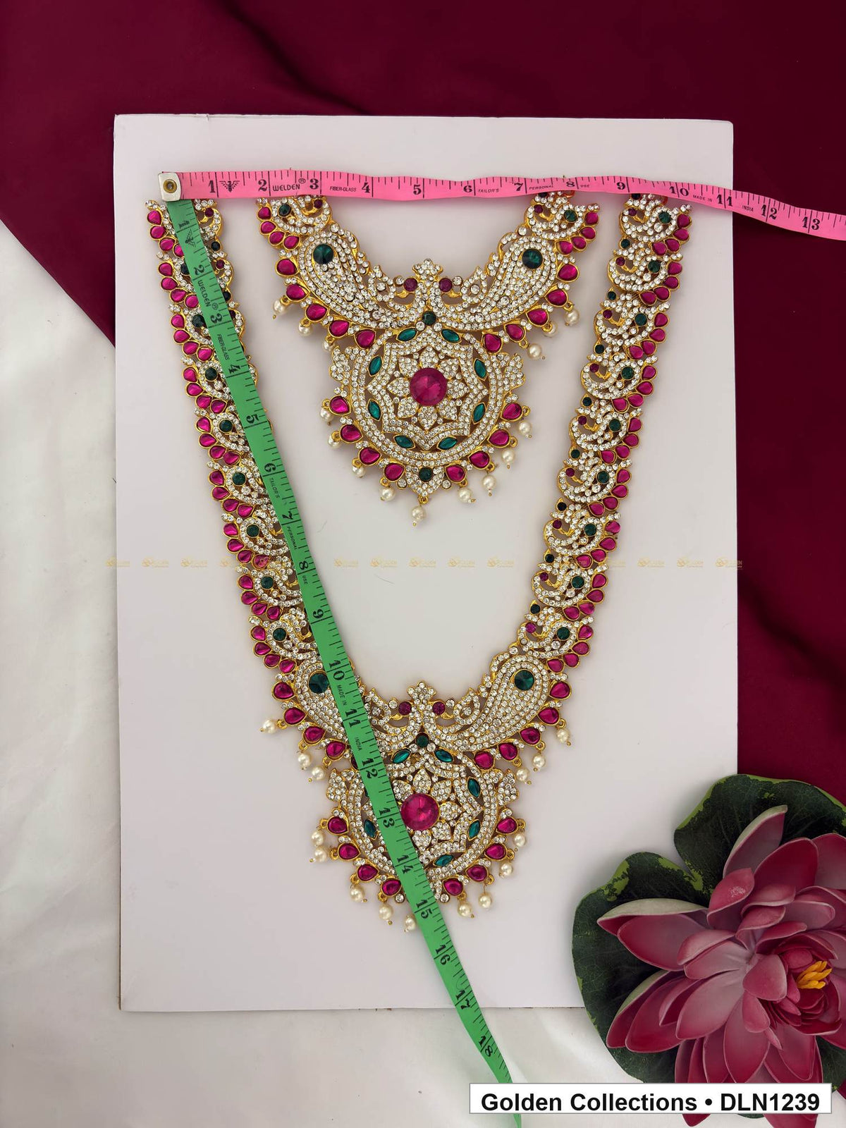 Alternate product view of Pink Green Leaf Medallion Deity Long Necklace for Idol Alankaram for deity idol alankaram