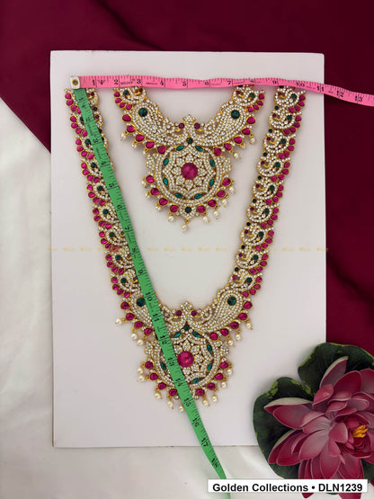 Alternate product view of Pink Green Leaf Medallion Deity Long Necklace for Idol Alankaram for deity idol alankaram