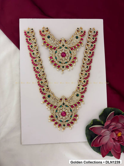 Pink Green Leaf Medallion Deity Long Necklace for Idol Alankaram full product view for deity idol alankaram