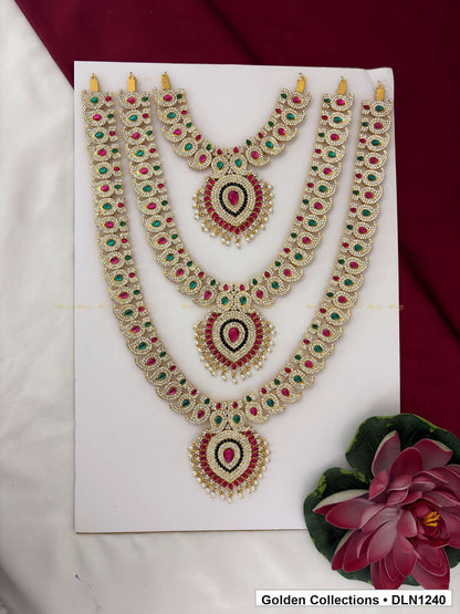 Green Triple-Tier Teardrop Medallion Deity Long Necklace for Idol Alankaram full product view for deity idol alankaram