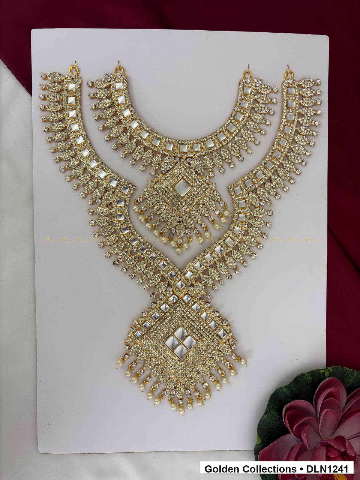 White Lattice Crossover Deity Long Necklace for Idol Alankaram full product view for deity idol alankaram
