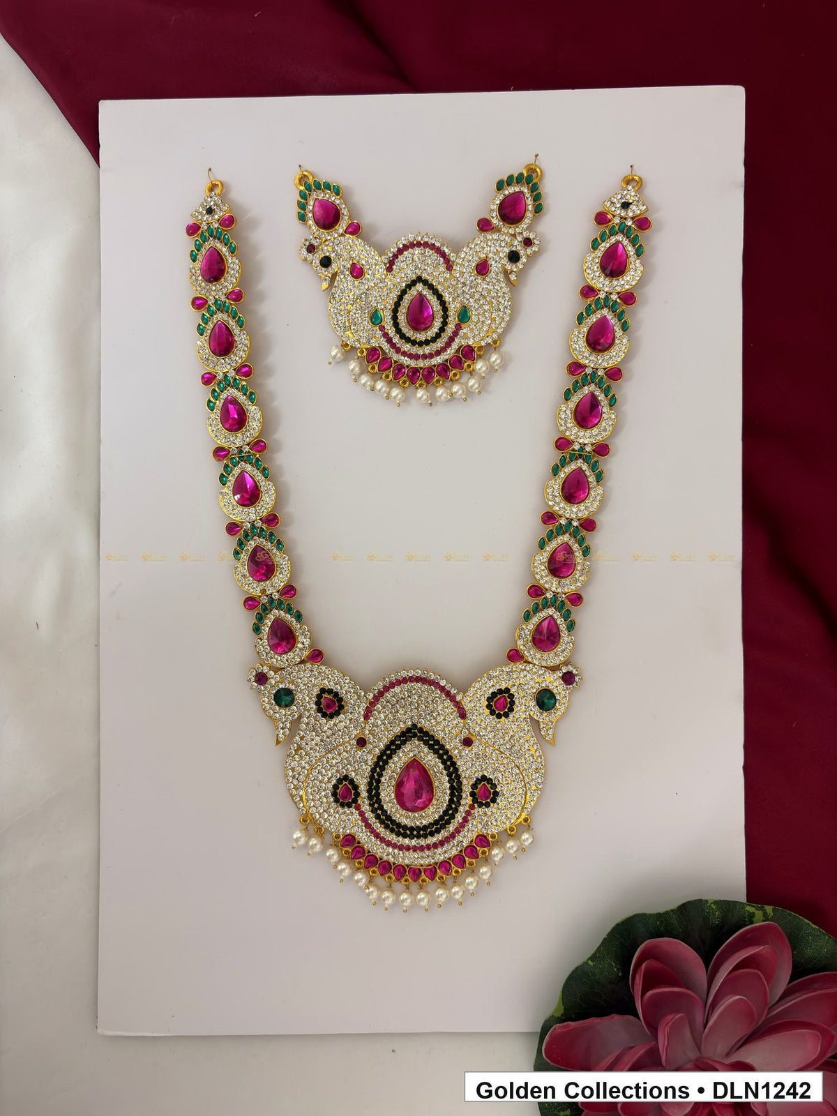Green Magenta Oval Link Fan Deity Long Necklace for Idol Alankaram full product view for deity idol alankaram