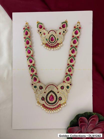 Green Magenta Oval Link Fan Deity Long Necklace for Idol Alankaram full product view for deity idol alankaram