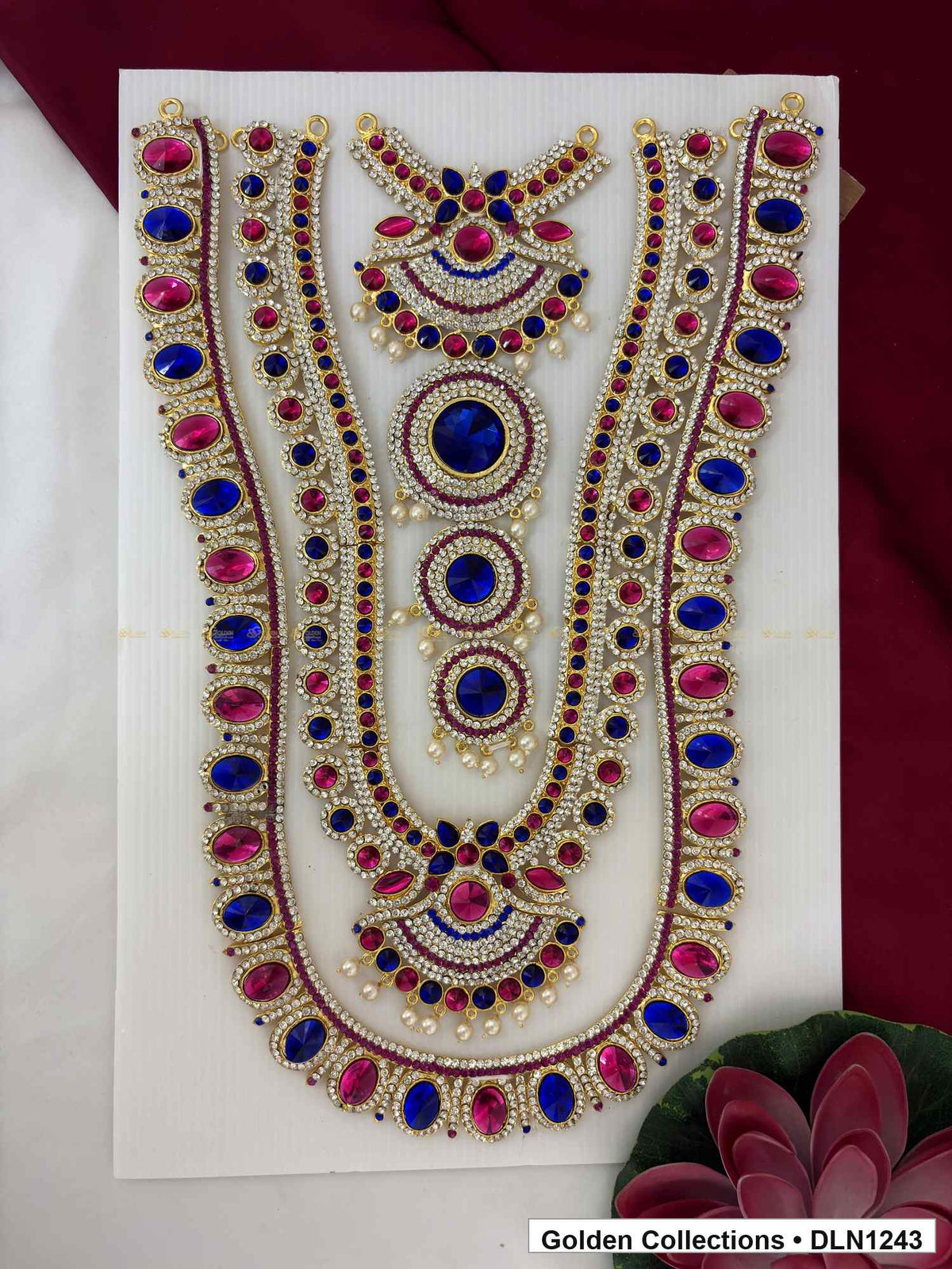 Magenta Blue Geometric Chest Panel Deity Long Necklace for Idol Alankaram full product view for deity idol alankaram