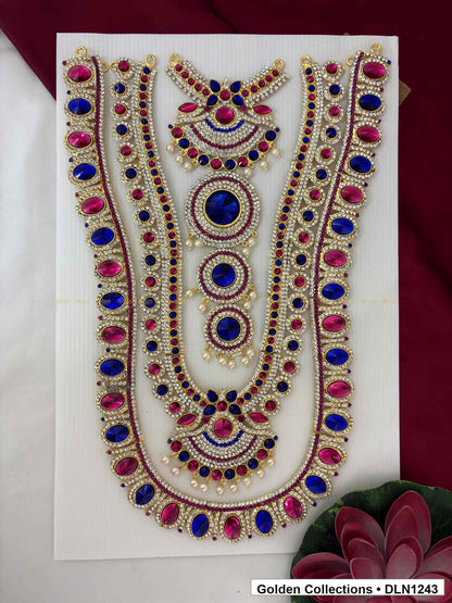 Magenta Blue Geometric Chest Panel Deity Long Necklace for Idol Alankaram full product view for deity idol alankaram