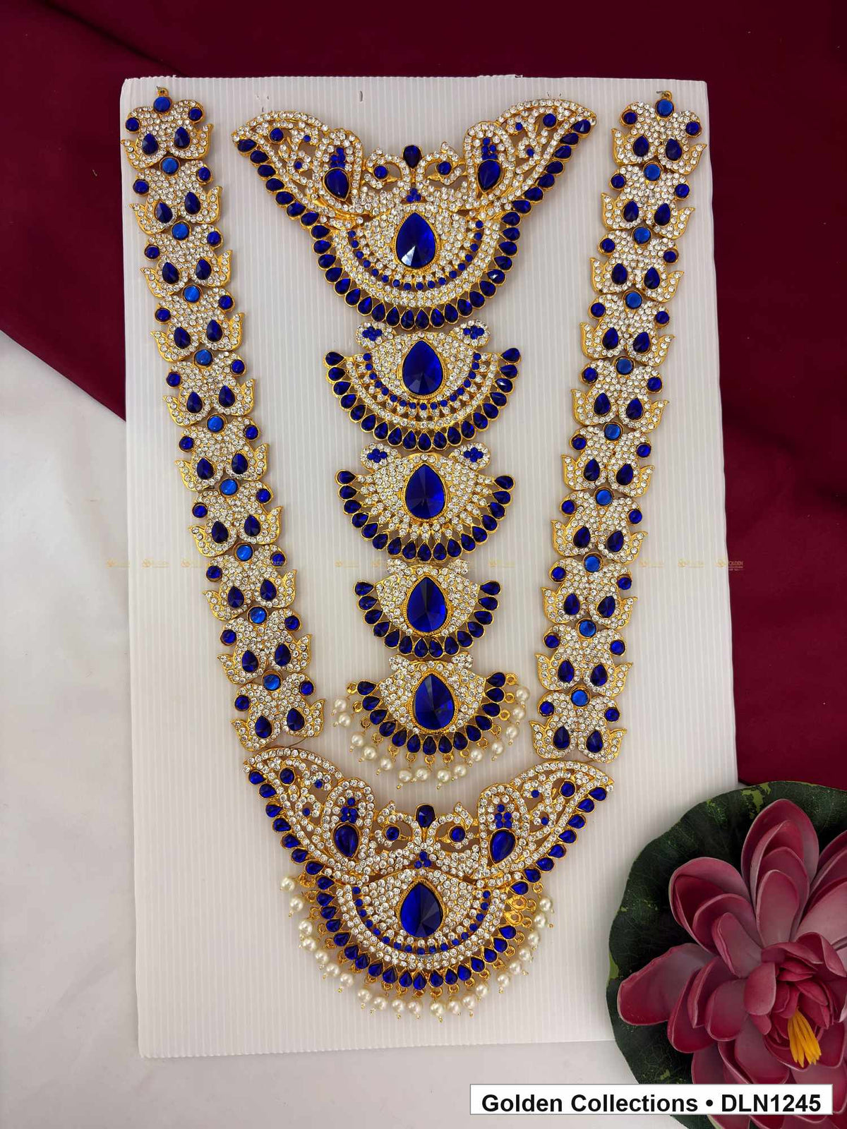 Blue Crescent Medallion Cascade Deity Long Necklace for Idol Alankaram full product view for deity idol alankaram