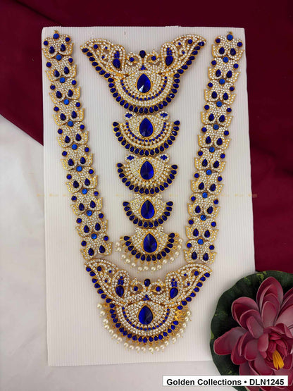 Blue Crescent Medallion Cascade Deity Long Necklace for Idol Alankaram full product view for deity idol alankaram