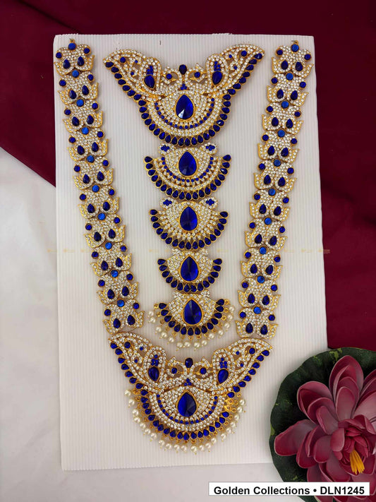 Blue Crescent Medallion Cascade Deity Long Necklace for Idol Alankaram full product view for deity idol alankaram