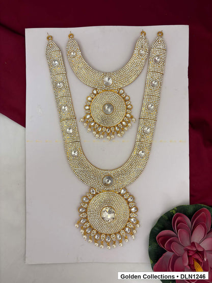 White Double-Round Medallion Deity Long Necklace for Idol Alankaram full product view for deity idol alankaram