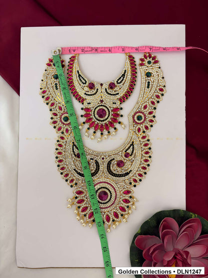 Alternate product view of Red Green Layered Medallion Deity Long Necklace for Idol Alankaram for deity idol alankaram