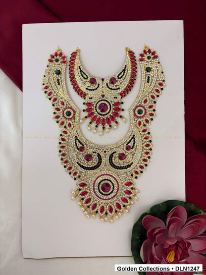 Red Green Layered Medallion Deity Long Necklace for Idol Alankaram full product view for deity idol alankaram