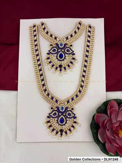 Deep Blue Twin Starburst Deity Long Necklace for Idol Alankaram full product view for deity idol alankaram