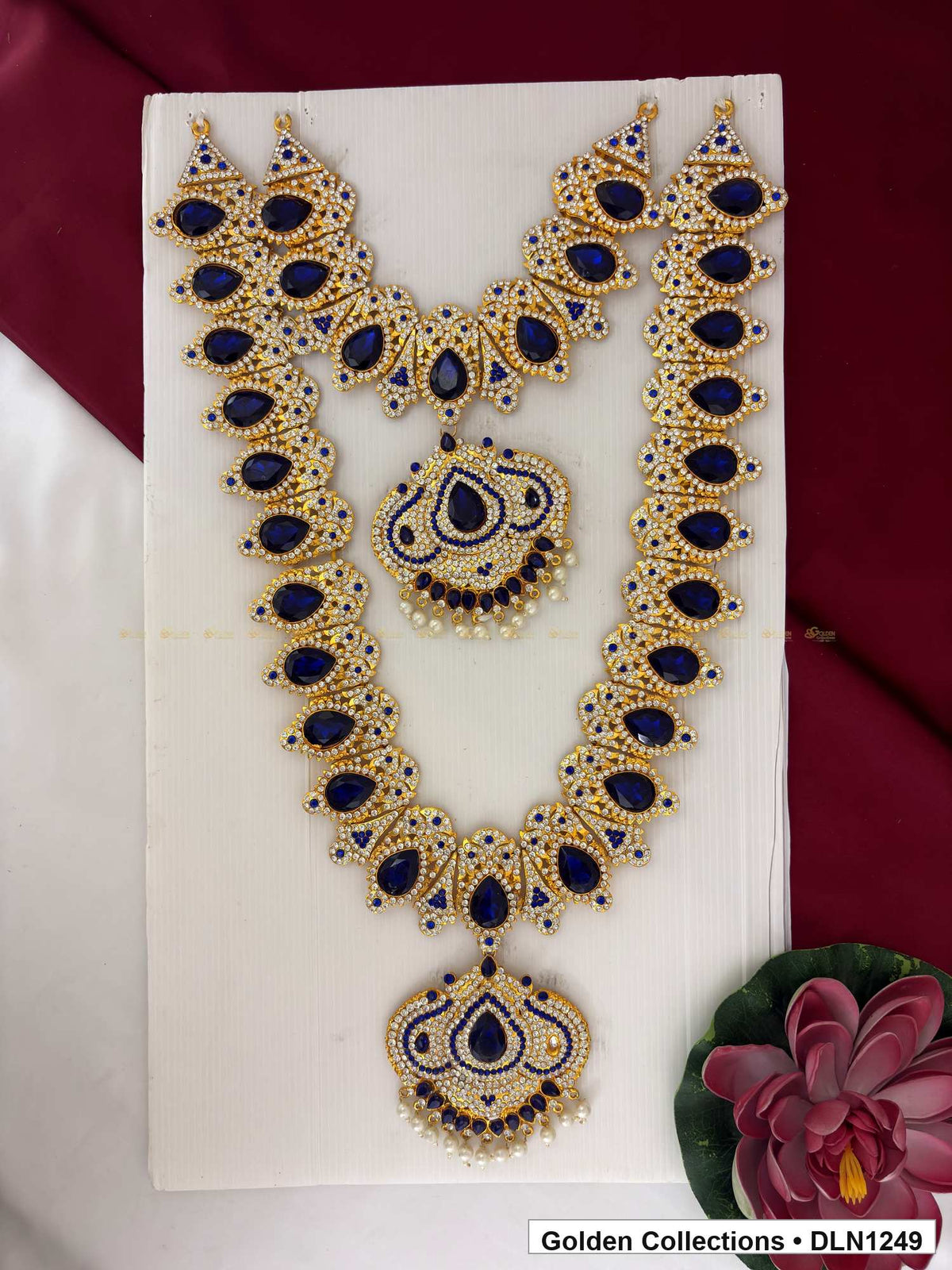 Navy Paisley-Link Fan Pendant Deity Long Necklace for Idol Alankaram full product view for deity idol alankaram