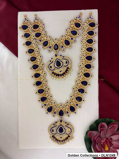 Navy Paisley-Link Fan Pendant Deity Long Necklace for Idol Alankaram full product view for deity idol alankaram
