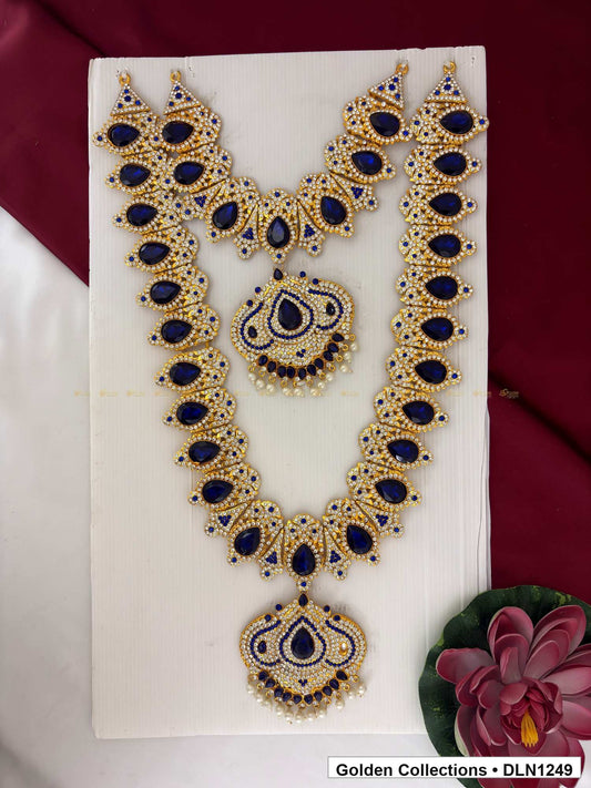 Navy Paisley-Link Fan Pendant Deity Long Necklace for Idol Alankaram full product view for deity idol alankaram