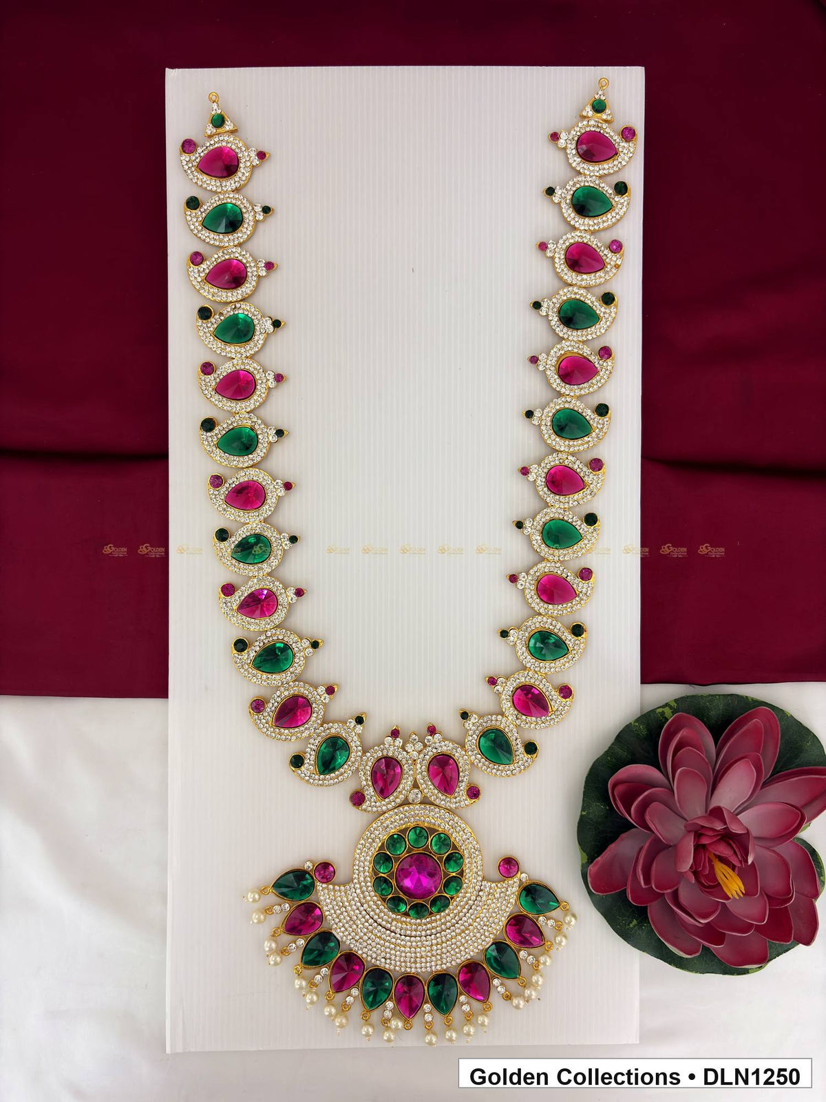 Pink Green Radial Round Pendant Deity Long Necklace for Idol Alankaram full product view for deity idol alankaram