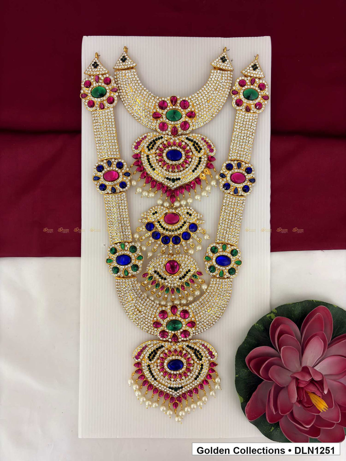 Multicolor Draped Floral Medallion Deity Long Necklace for Idol Alankaram full product view for deity idol alankaram