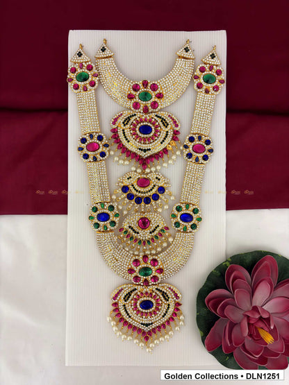 Multicolor Draped Floral Medallion Deity Long Necklace for Idol Alankaram full product view for deity idol alankaram