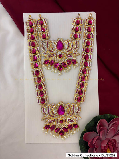 Magenta Twin Petal-Fan Deity Long Necklace for Idol Alankaram full product view for deity idol alankaram