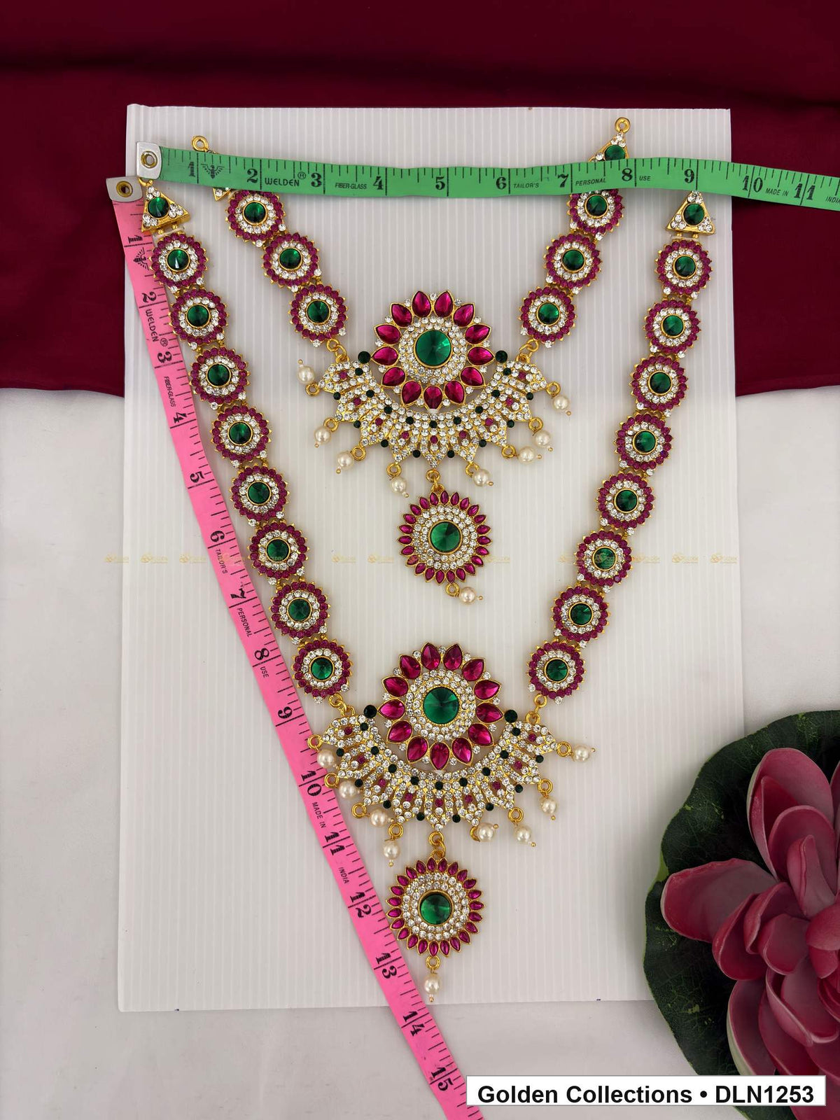 Alternate product view of Red Green Circular-Link Medallion Cascade Deity Long Necklace for Idol Alankaram for deity idol alankaram