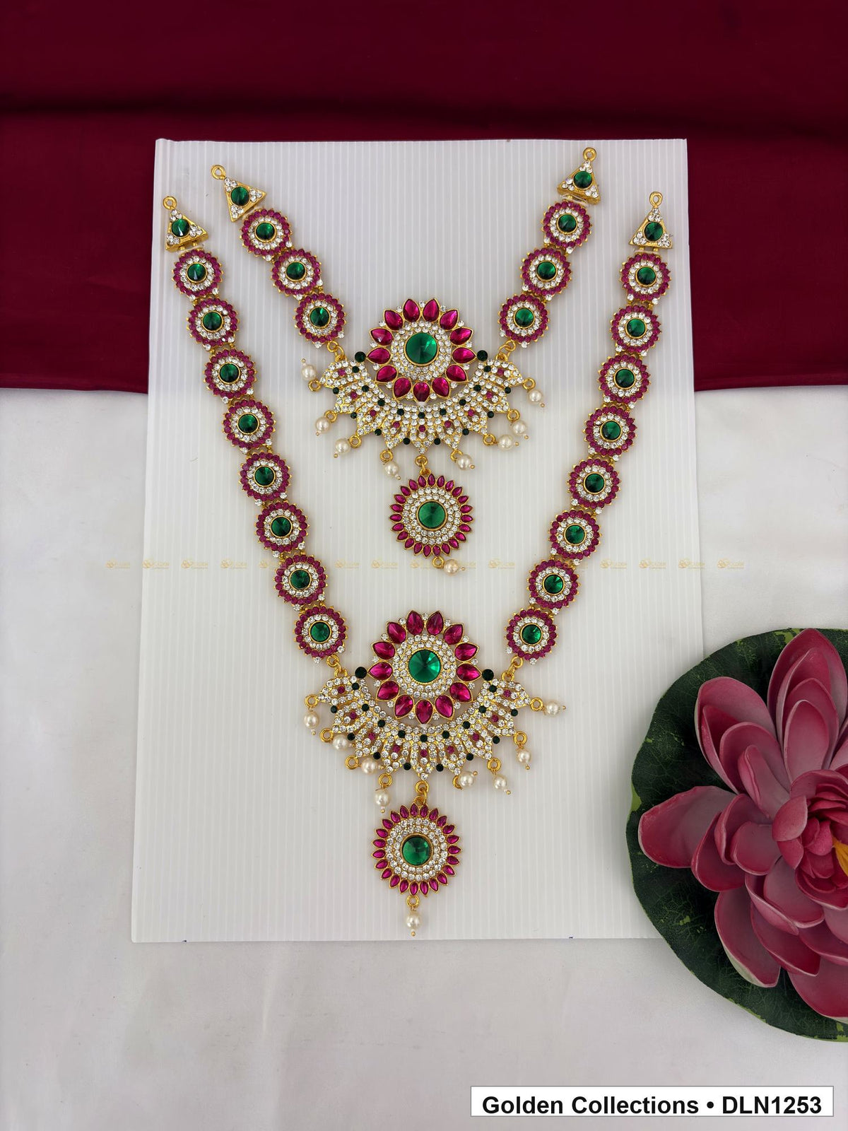 Red Green Circular-Link Medallion Cascade Deity Long Necklace for Idol Alankaram full product view for deity idol alankaram