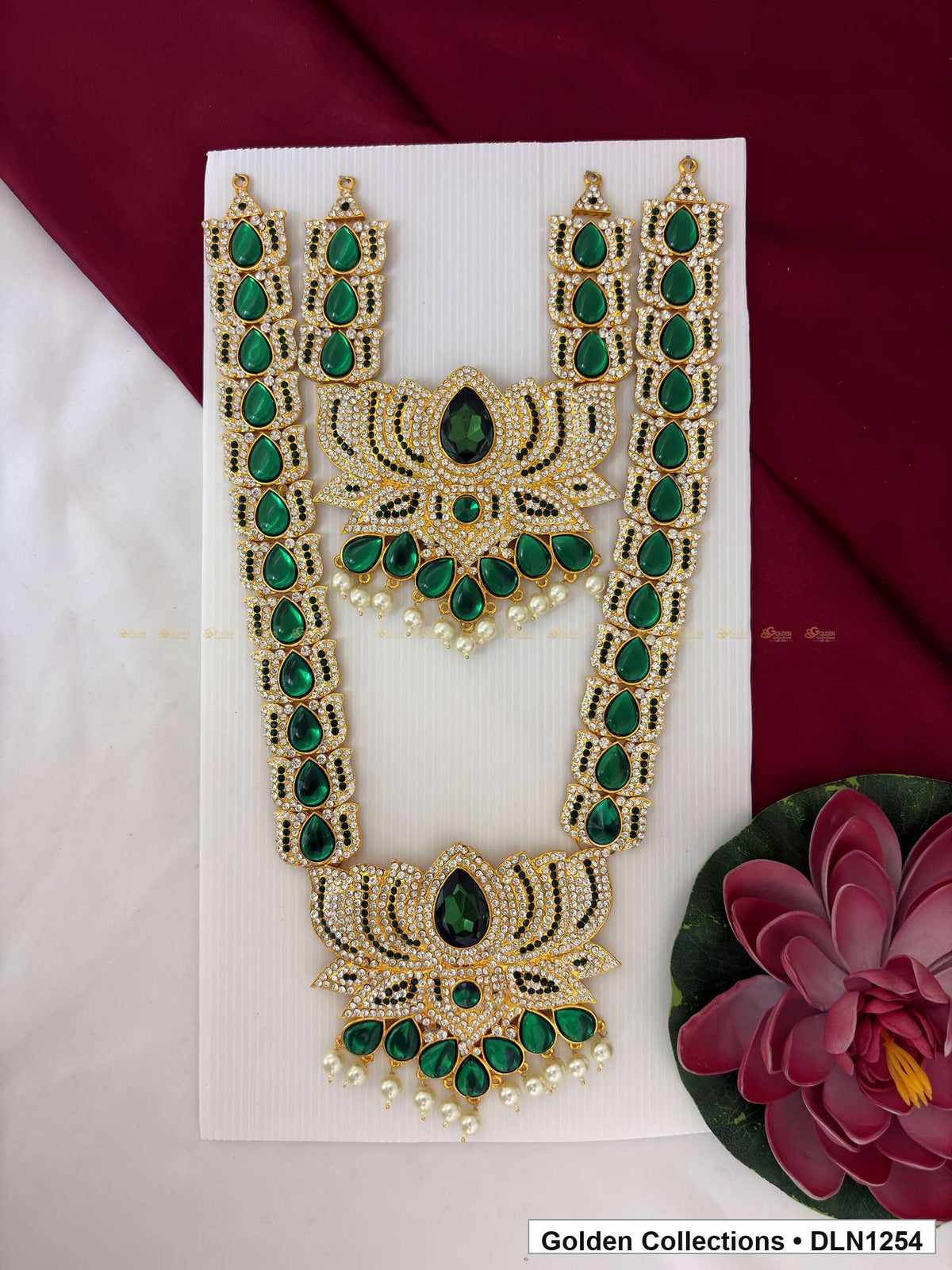 Green Twin Petal-Fan Deity Long Necklace for Idol Alankaram full product view for deity idol alankaram