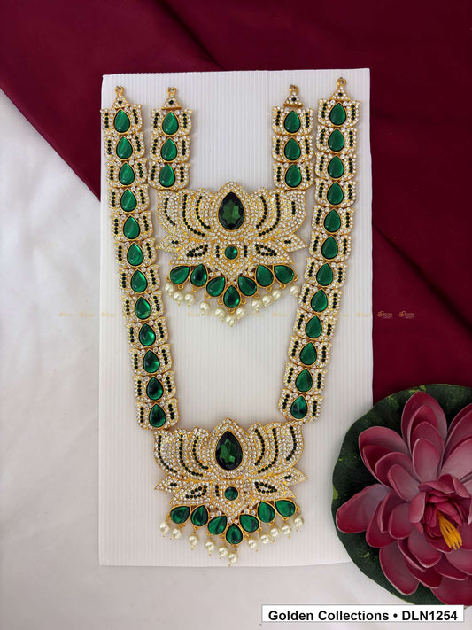 Green Twin Petal-Fan Deity Long Necklace for Idol Alankaram full product view for deity idol alankaram