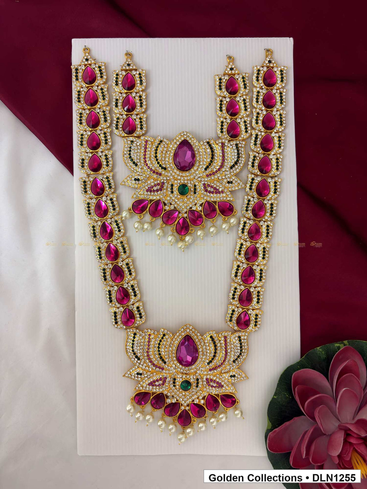 Magenta Double-Rail Petal-Fan Deity Long Necklace for Idol Alankaram full product view for deity idol alankaram